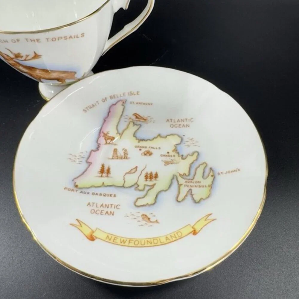 TAYLOR & KENT Newfoundland Teacup Saucer Bone China ENGLAND Set Monarch Deer VTG